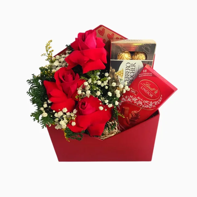Bouquet 03 rosas vermelhas + Lindt + Ferrero Rocher